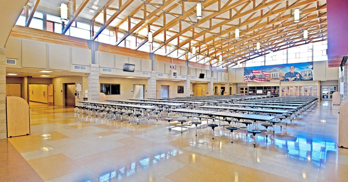 Tectum roof deck panels inside a cafeteria